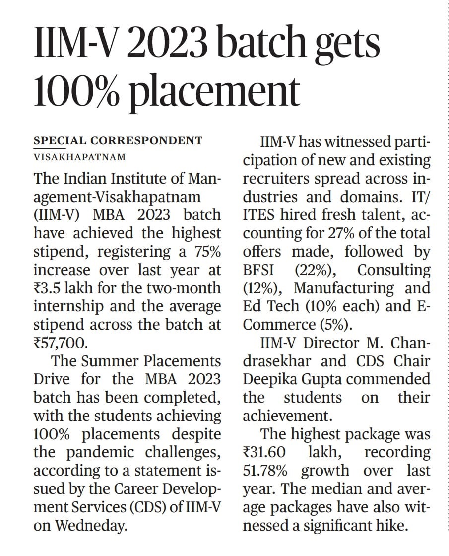 IIM-Visakhapatnam 2021-23 batch gets 100 percent placement - 10.03.2022