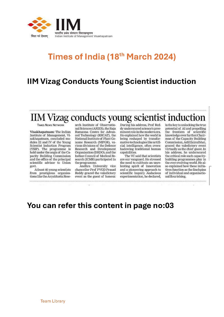 IIM Vizag Conducts Young Scientist Induction - 18.03.2024