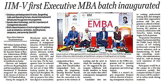 IIM Visakhapatnam Inaugurated the 1st batch of the Executive MBA for Working Professionals - 20.05.2023