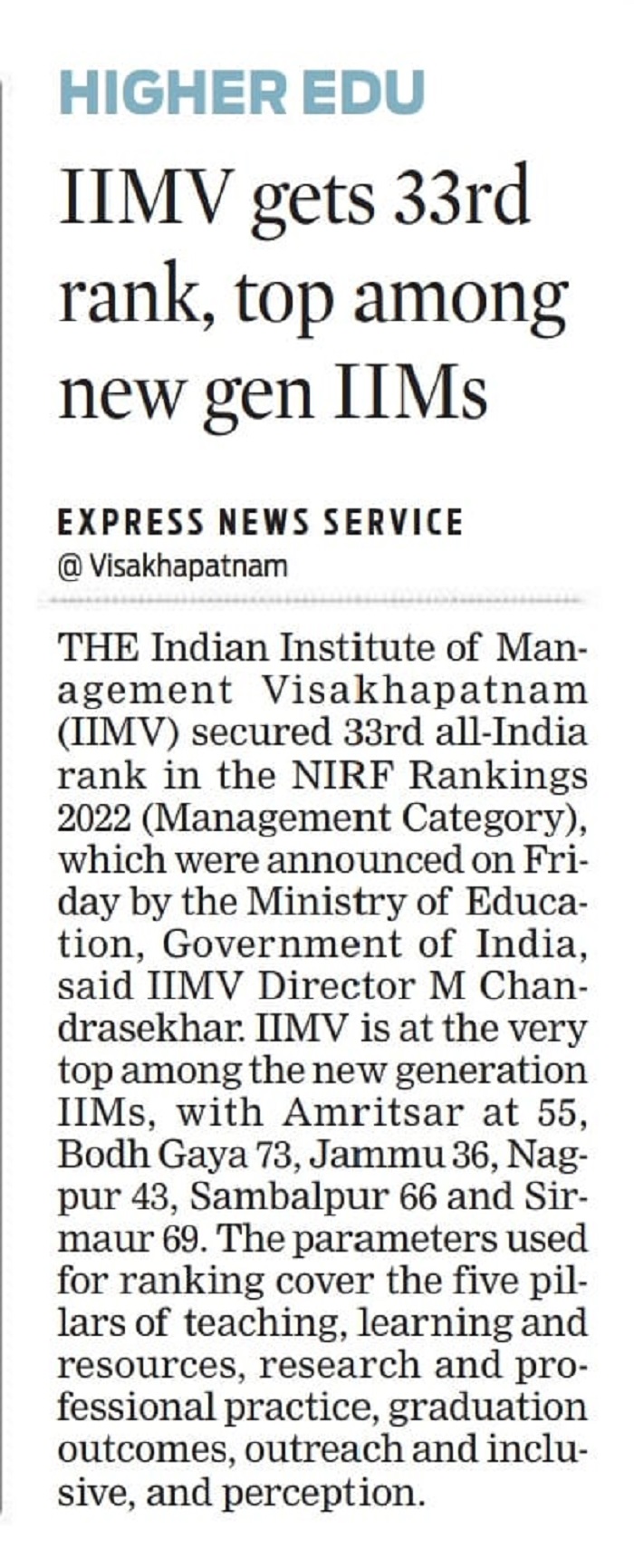 IIM Visakhapatnam bags the top place among the new generation IIMs in NIRF 2022 - 15.07.2022