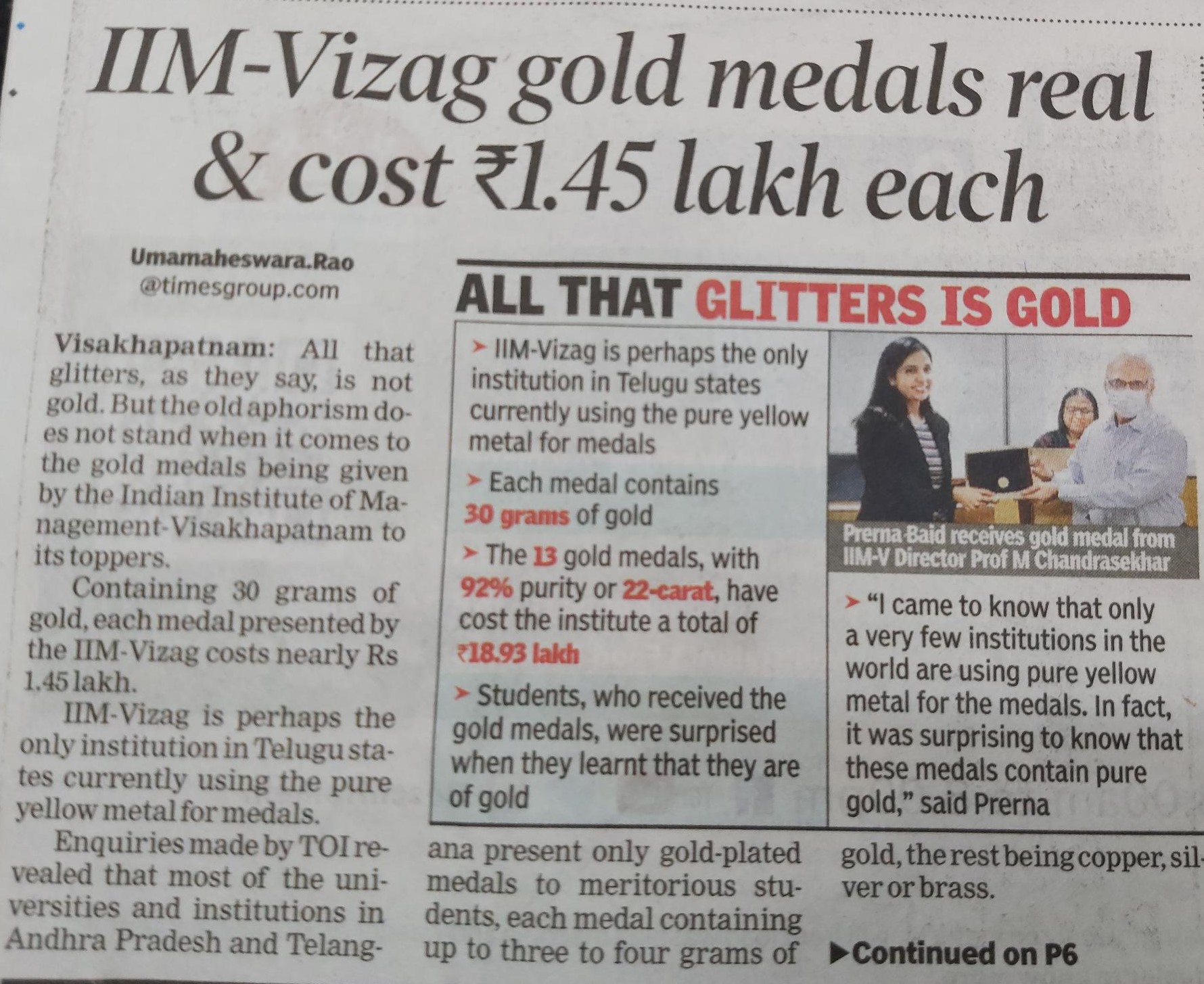 IIM Vizag gold medals reals & cost Rs.1.45 lakh earch - 30.10.2021