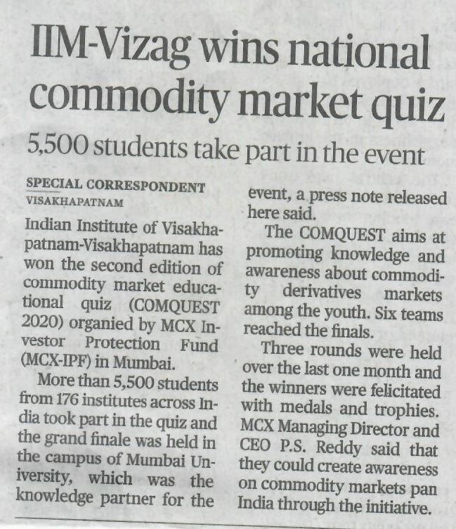 IIM-Vizag wins the National Commodities Market quiz - 07.02.2020