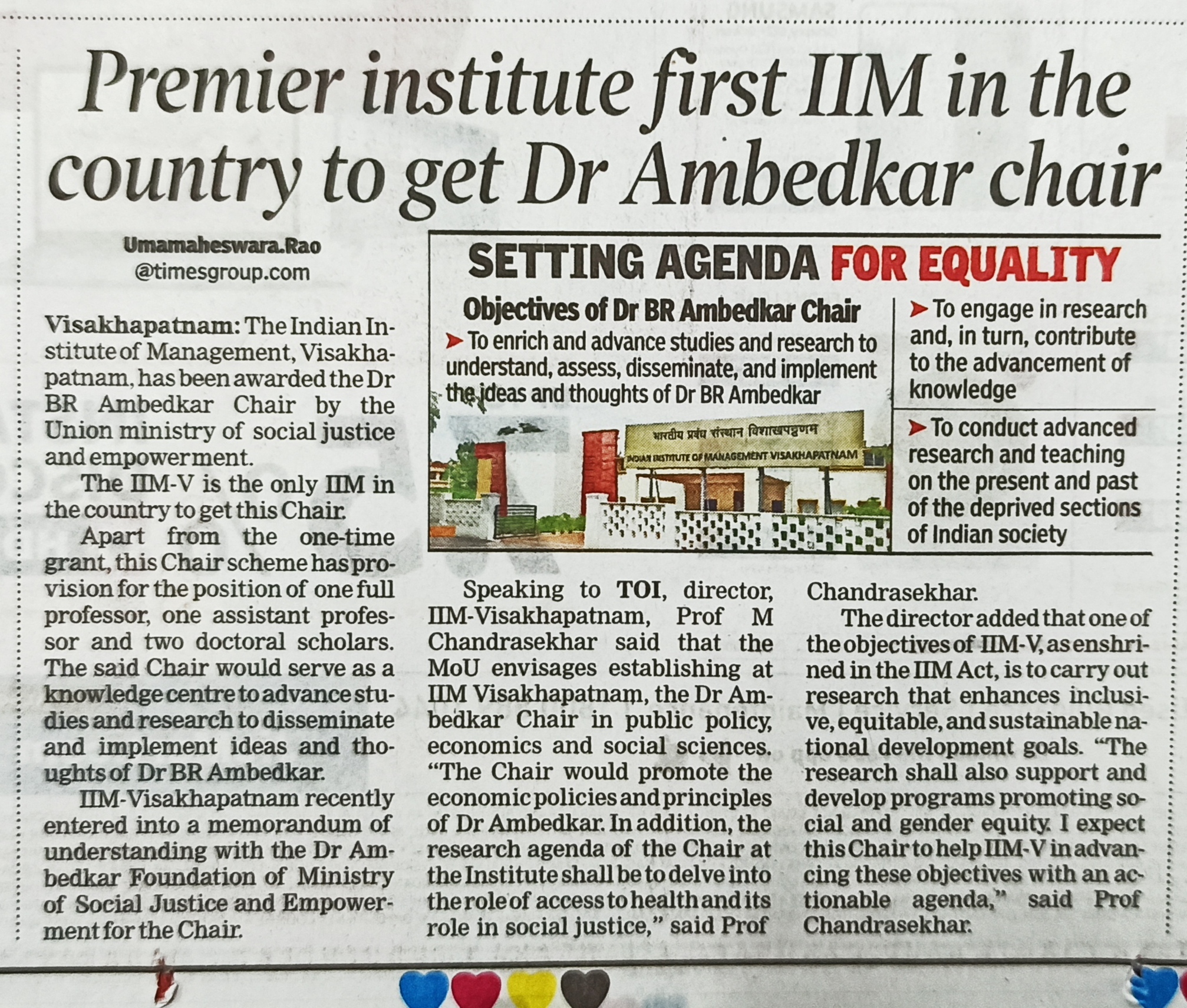 IIMV has been awarded the Dr Ambedkar Chair by the Union ministry of social justice and empowerment - 03.05.2022