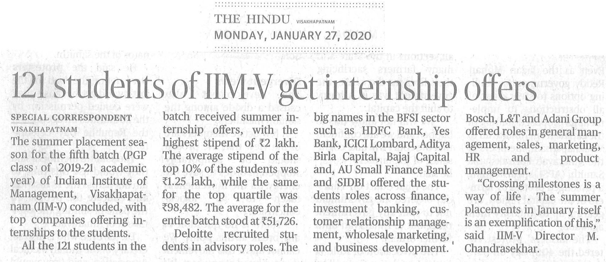121 Students of IIM-V get Internship Offers- 27.01.2020