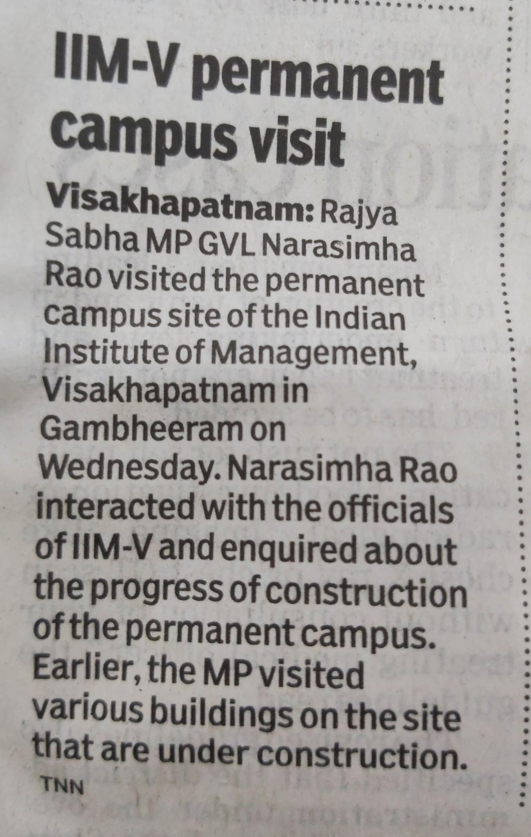 Rajya Sabha MP GVL Narashmha Rao visited IIMV permanent campus - 05.01.2022