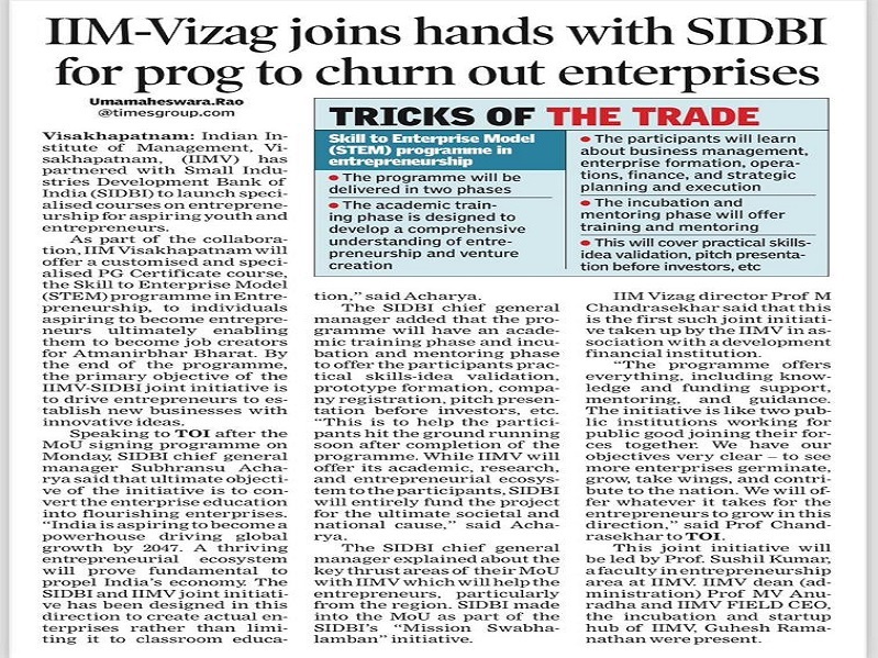 IIMV joins hands with SIDBI for prog to churn out enterprises - 11.12.2023
