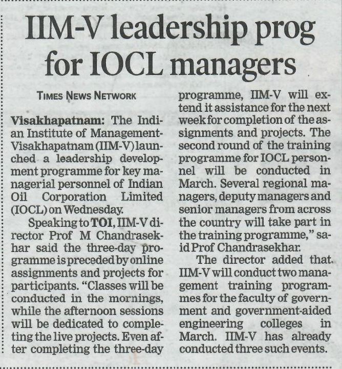 IIM-V leadership prog for IOCL managers - 06.02.2020