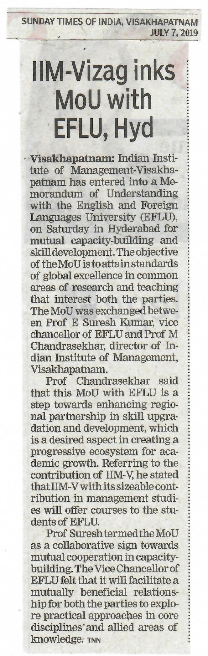 IIMV inks MoU with EFLU, Hyderabad-07.07.2019
