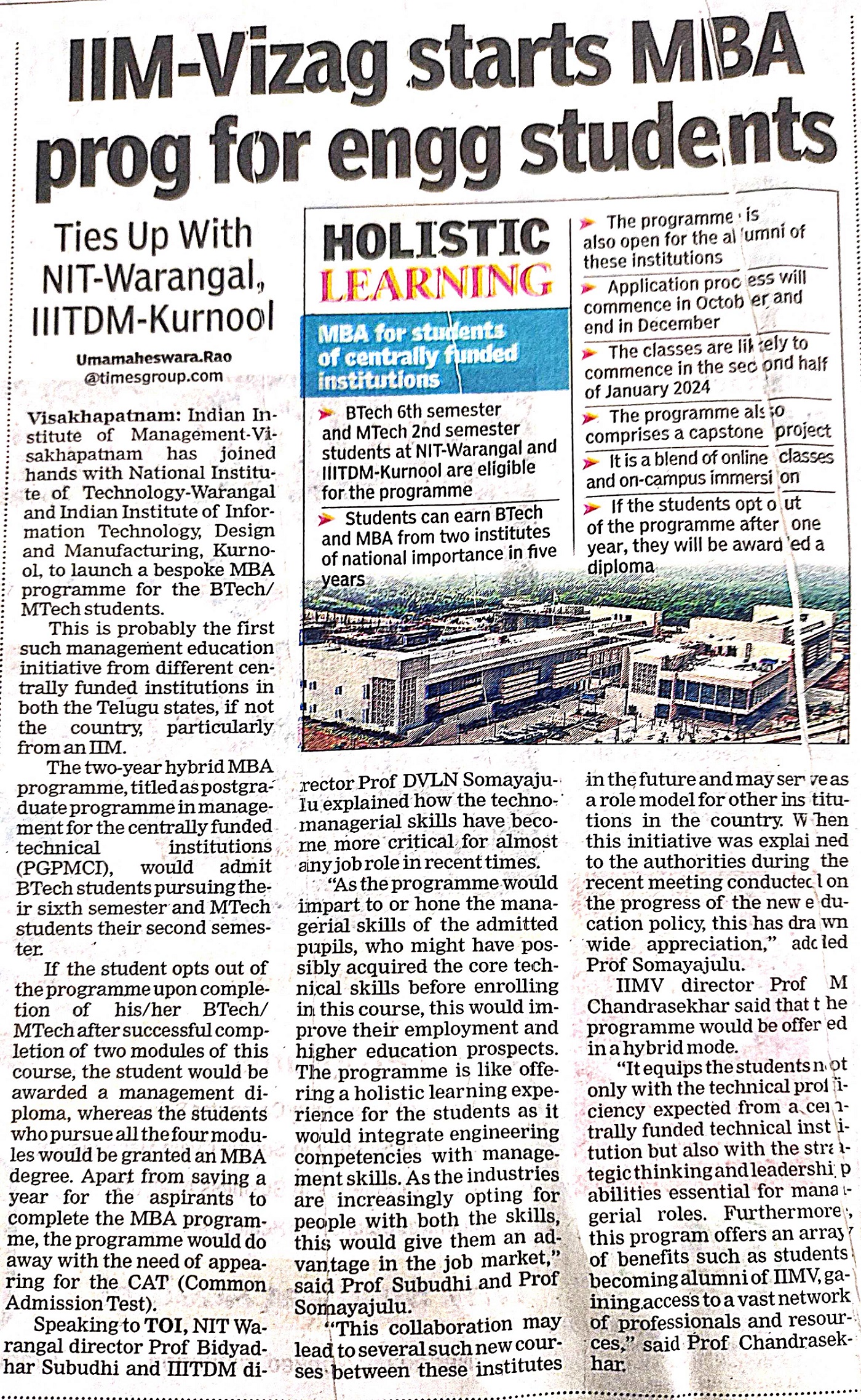  IIMV ties up with NIT-Warangal and IITDM-Kurnool - 21.09.2023